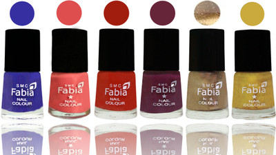 

Fabia Exclusive Nail Polish Shock Blue-Salmon-Shock Orange Red-Mulberry-Gold-Mattis Gold(Pack of 6)