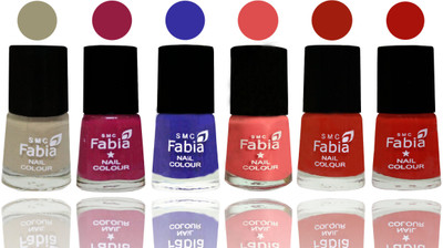 

Fabia Exclusive Nail Polish Tan-Cherry Blossom-Shock Blue-Salmon-Shock Orange Red-Reddish Red(Pack of 6)