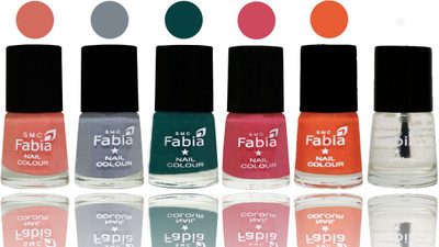 

Fabia Exclusive Nail Polish Light Peach-Wild Gray Yonder-Dark Green-Shock Pink-Sour Orange-Top Coat(Pack of 6)