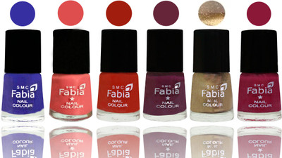 

Fabia Exclusive Nail Polish Shock Blue-Salmon-Shock Orange Red-Mulberry-Gold-Pure Wine(Pack of 6)