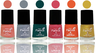 

Fabia Exclusive Nail Polish Light Peach-Wild Gray Yonder-Dark Green-Shock Pink-Sour Orange-Mattis Gold(Pack of 6)