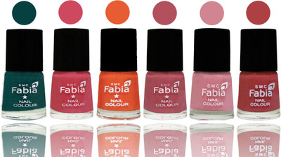

Fabia Exclusive Nail Polish Dark Green-Shock Pink-Sour Orange-Mauve Pink-Rose-Peach(Pack of 6)