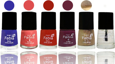 

Fabia Exclusive Nail Polish Shock Blue-Salmon-Shock Orange Red-Mulberry-Gold-Top Coat(Pack of 6)
