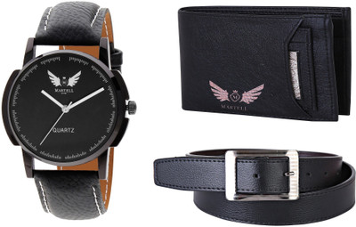 Martell Wallet, Analog Watch, Belt Combo(Black)
