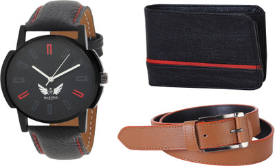 Martell Wallet, Analog Watch, Belt Combo(Black)