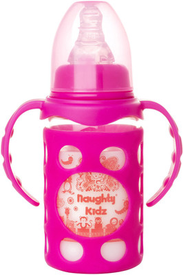 

Naughty Kidz BOROSILICATE HANDY GLASS BOTTLE WITH ULTRASOFT LSR NIPPLE||SILICONE BOTTLE WARMER||EASY TO HOLD HANDLE||KEY TEETHER||HOOD RETAINING CAP AND SEALING DISC RING - 125 ml(Pink)