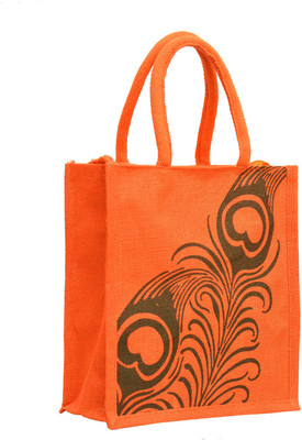 

AGGDA Orange Jute with Green Peacock Feather Printed with Orange Rope Handle Jute Burlap Lunch Tiffin Outdoor Handbag Bag Working Office Bag … Waterproof Lunch Bag(Orange, 12 L)
