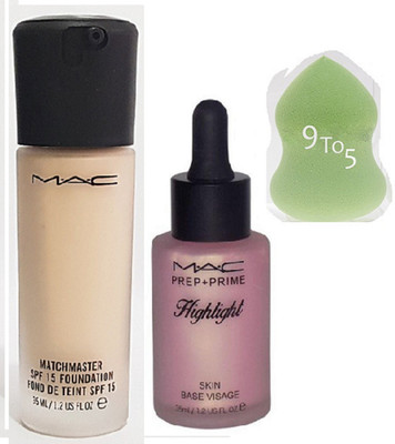 

9 to 5 Sponge Puff , Mac Match Master SPF 15 Foundation With Prep+Prime Highlight Skin Base Visage(Set of 3)