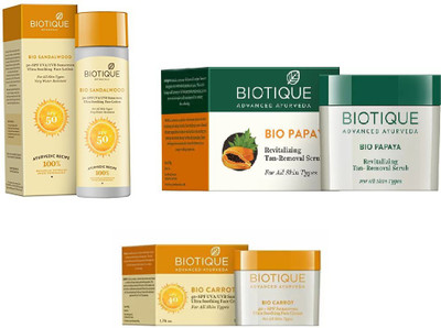 

BIOTIQUE BIO Bio Sandalwood Ultra Soothing Face Lotion 50+ SPF UVA/UVB Sunscreen, Bio Papaya Revitalizing Tan Removal Scrub, Bio Carrot 40+Spc Sunscreen Ultra Soothing Face Cream(Set of 3)