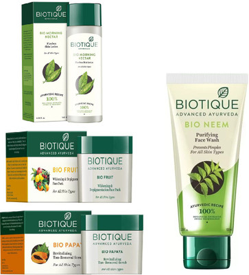 

BIOTIQUE BIO Morning Nectar Flawless Skin Moisturizer, Neem Purifying Face Wash, Fruit Whitening & Depigmentation Face Pack, Papaya Revitalizing Tan-Removal Scrub(Set of 4)
