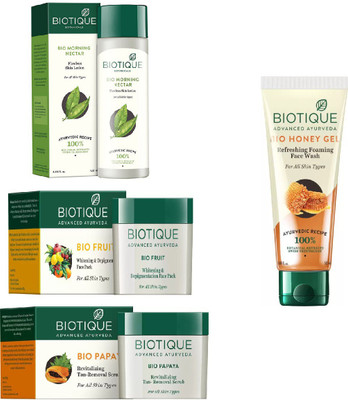 

BIOTIQUE BIO Morning Nectar Flawless Skin Moisturizer, Papaya Revitalizing Tan-Removal Scrub, Fruit Whitening & Depigmentation Face Pack, Honey Gel Face Wash(Set of 4)