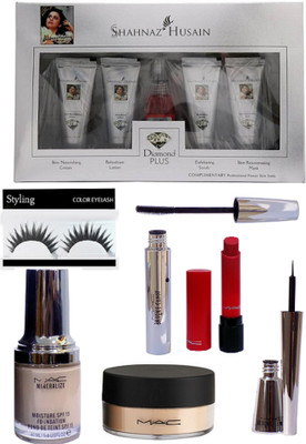 

styling Eyelashes & Shahnaz Husain Diamond plus facial kit, Mac Liptensity lipstick Rouge A Levers Claret Cast &Mineralize moisture SPF 15 foundation & Loose powder, Brooke Candy Eyeliner & Mascara(Set of 7)
