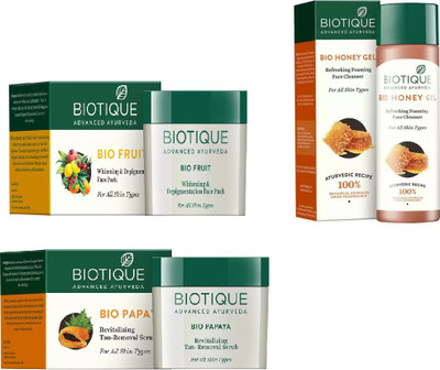 

BIOTIQUE BIO Honey Gel Refreshing Foaming Face cleanser , Papaya Revitalizing Tan-Removal Scrub, Fruit Whitening & Depigmentation Face Pack(Set of 3)