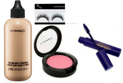 9 to 5 Eyelashes & Mac face And Body foundation , Pink blusher With Padma Mascara(Set of 4)