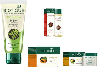 

BIOTIQUE BIO Neem Purifying Face Wash, Fruit Whitening & Depigmentation Face Pack, Papaya Revitalizing Tan-Removal Scrub, Bio Berberry Hydrating Cleanser(Set of 4)