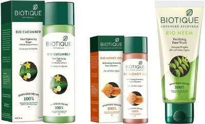 

BIOTIQUE BIO Bio Cucumber Pore Tightening Toner, Bio Honey Gel Refreshing Foaming Cleanser, Bio Neem Purifying Face Wash(Set of 3)