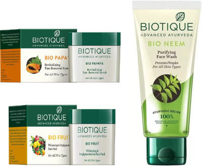 

BIOTIQUE BIO Neem Purifying Face Wash, Papaya Revitalizing Tan-Removal Scrub, Fruit Whitening & Depigmentation Face Pack(Set of 3)