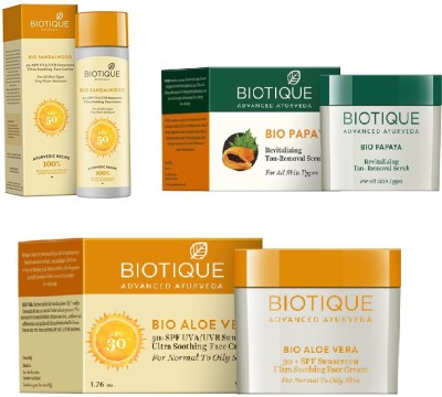 

BIOTIQUE BIO Bio Sandalwood Ultra Soothing Face Lotion 50+ SPF UVA/UVB Sunscreen, Bio Papaya Revitalizing Tan Removal Scrub, Bio Aloe Vera 30+ SPF Suncreen Cream(Set of 3)