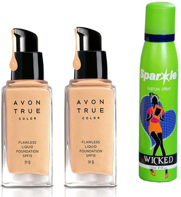 

Avon Anew two True Color Flawless Liquid Foundation SPF15 30g (Cream Beige) With one sparkle perfume spray 150 ml(Set of 3)