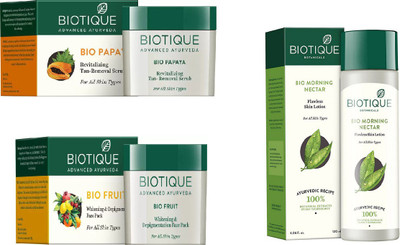 

BIOTIQUE BIO Morning Nectar Flawless Skin Moisturizer, Fruit Whitening & Depigmentation Face Pack, Papaya Revitalizing Tan-Removal Scrub(Set of 3)