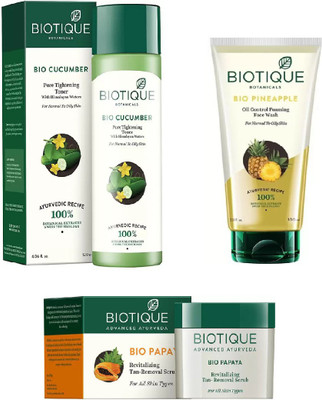 

BIOTIQUE BIO Bio Cucumber Pore Tightening Toner, Bio Pineapple Oil Control Foaming Face Wash, Bio Papaya Revitalizing Tan Removal Scrub(Set of 3)