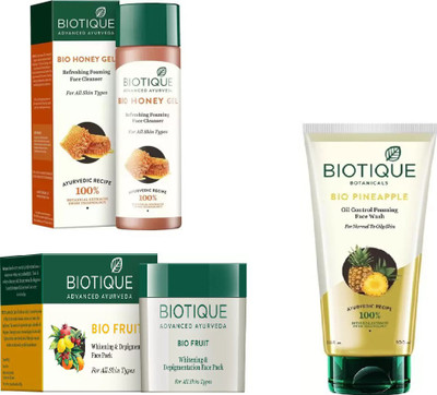 

BIOTIQUE BIO Pineapple Oil Control Foaming Face Wash, Honey Gel Refreshing Foaming Face cleanser , Fruit Whitening & Depigmentation Face Pack(Set of 3)