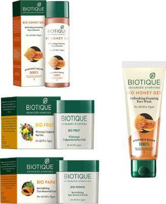 

BIOTIQUE BIO Honey Refreshing Foaming Face Wash, Fruit Whitening & Depigmentation Face Pack, Papaya Revitalizing Tan-Removal Scrub, Honey Gel Refreshing Foaming FaceÂ cleanser(Set of 4)