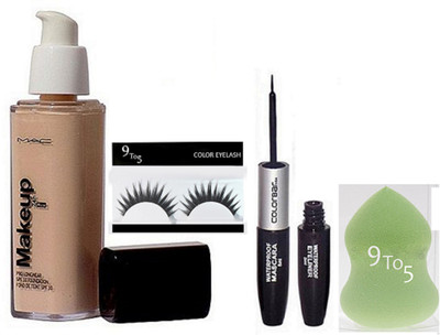 

9 to 5 Eyelashes, Makeup Pro Longer Foundation, 2 in 1 Liquid Eyeliner & Mascara With Sponge Puff(Set of 4)