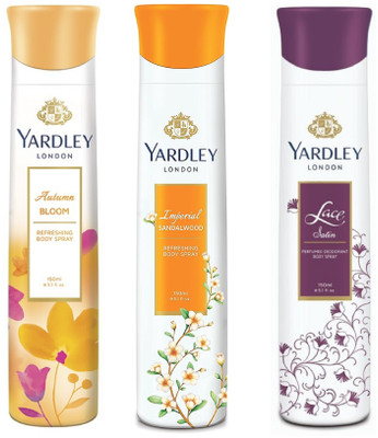 

Yardley London Autumn Bloom, Imperial SandalWood and Lace Satin Body Spray for Women 150ML Each (Pack of 3) Body Spray - For Women(450 ml, Pack of 3)