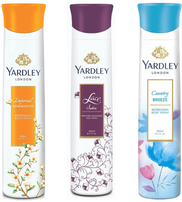 

Yardley London Imperial SandalWood, Lace Satin and Country Breeze Body Spray for Women 150ML Each (Pack of 3) Body Spray - For Women(450 ml, Pack of 3)