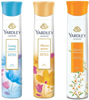 

Yardley London Country Breeze, Autumn Bloom and Imperial SandalWood Body Spray for Women 150ML Each (Pack of 3) Body Spray - For Women(450 ml, Pack of 3)