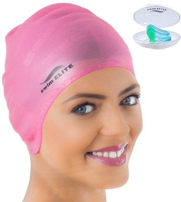 

QUINERGYS ® Flamingo Pink - Elite Silicone Swimming Cap for Long Hair PLUS Nose Clip Swimming Kit