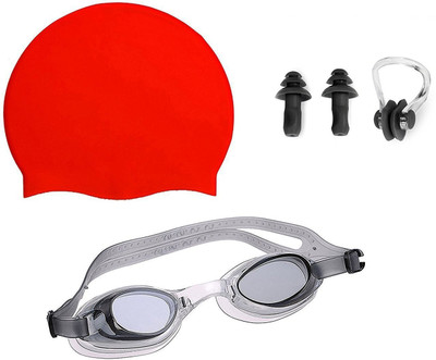 

QUINERGYS ® Red - Swimming kit with Silicone Swim Cap, Goggle, 2 Pair Ear Plugs and 1 Nose Clip Combo Swimming, Camping, Cycling, Hiking, Skating, Skiing, Snowboarding Kit