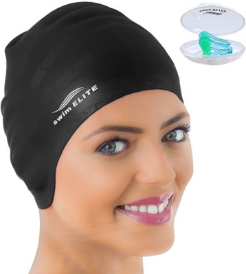

QUINERGYS ® Taupe - Elite Silicone Swimming Cap for Long Hair PLUS Nose Clip Swimming Kit