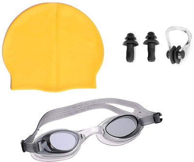 

QUINERGYS ™ Smart Yellow - Swimming kit with Silicone Swim Cap, Goggle, 2 Pair Ear Plugs and 1 Nose Clip Combo Swimming Kit
