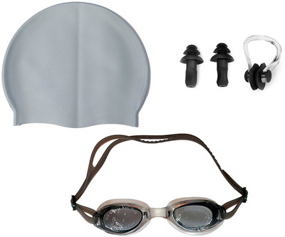 

QUINERGYS ® Slate Grey - Swimming kit with Silicone Swim Cap, Goggle, 2 Pair Ear Plugs and 1 Nose Clip Combo Swimming Kit