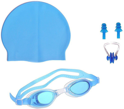 

QUINERGYS ™ Light Blue - Swimming kit with Silicone Swim Cap, Goggle, 2 Pair Ear Plugs and 1 Nose Clip Combo Swimming, Camping, Cycling, Hiking, Skating, Skiing, Snowboarding Kit