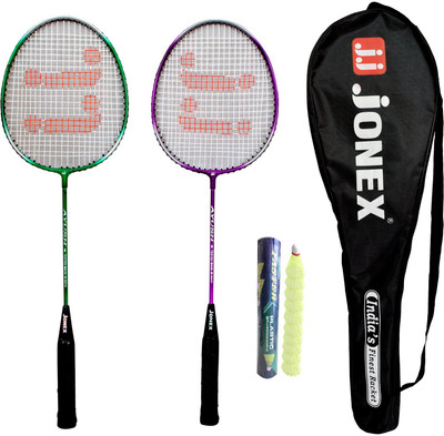 

Jonex Faster Ayush Badminton set 2 Rackets with full cover and 10 Pcs. PVC shuttle cocks @ Kin Store Badminton Kit