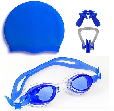 

QUINERGYS ™ Floral Blue - Swimming Kit with Swimming Goggles Silicone Swimming Cap + 1 Nose Clip + 2 Ear Plugs Swimming, Camping, Cycling, Hiking, Skating, Skiing, Snowboarding Kit
