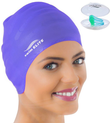 

QUINERGYS ® Dark Purple - Elite Silicone Swimming Cap for Long Hair PLUS Nose Clip Swimming Kit