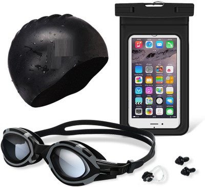 

QUINERGYS ® Swimming summer kit,Waterproof bags Case,Silicone Swim cap, Swimming goggles Earplugs, Nose Clips Anti Fog No Leaking No slip for Men Women Adult Youth Kids Child -3 Piece Suits Swimming Kit