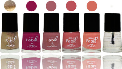 

Fabia Exclusive Nail Polish Gold-Raspberry-Lip-Bazooka Joe-Light Peach-Top Coat(Pack of 6)