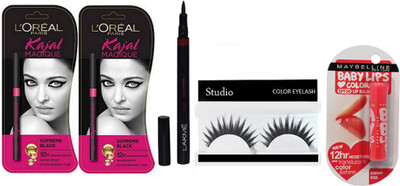 

studio Of Eyelahses, Magique Kajal Pack Of 2 With 9 to 5 Pen Eyeliner & Cherry Kiss Lip Balm(Set of 5)