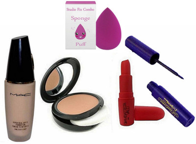 

studio fix combo Sponge Puff, Compact & giambattista Valli Red lipstick & Hyper Real Foundation & Liquid Last Liner(Set of 5)