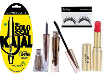 

styling Eyelashes, Maybelline New York The Colossal Deep Black Kajal & Mac Brook Candy Liquid Eyeliner & Mascara,Lakme Absolute Lipstick(Set of 5)