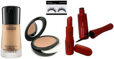 

studio fix combo Eyelashe, Compact & mac giambattista Valli Matte Finish lipstick & Mac Mineralize Foundation & Liquid Last Liner(Set of 5)