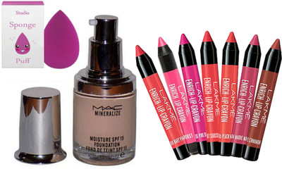 

studio Sponge Puff, Miniralize Moisture SPF 15 Liquid Foundation, Lip Crayon Pack Of 7 (Set Of 9)(Set of 9)