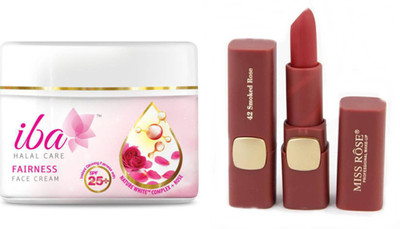 

iba halal iba fairness face cream with spf 25 and miss rose 42 smoked red matte lipstick(Set of 2)