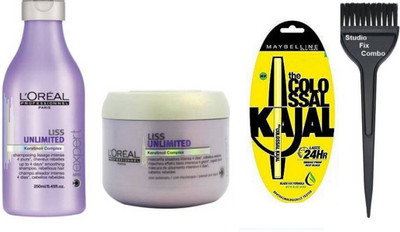 

Studio Fix Combo hair brush & L'Oreal liss unlimited keratinoil complex shampoo & liss unlimited keratinoil complex conditioner &The colossal kajal(Set of 4)