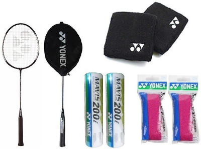 

Yonex Combo of Eight - two 'Gr 303 Saina nehwal' Badminton Racket + two 'Towel' badminton grip + two 'Mavis 200i' shuttle cock and two wrist bands Badminton Kit